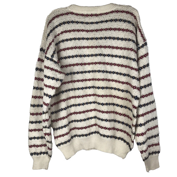 Gulf Traders Sweater Crew Geometric Stripe White Red Blue Tan Knit Mens Large - Picture 4 of 6